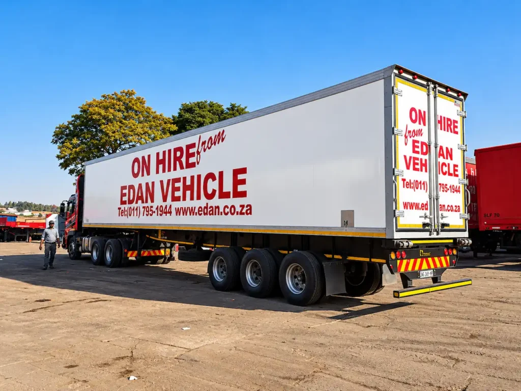 triaxle refrigerated trailer with Edan Vehicle & Asset Hire branding, yellow reflective safety markings and triple rear axles, parked in a commercial vehicle yard.