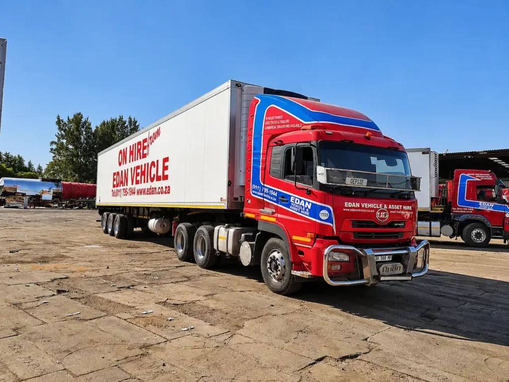 UD Quon truck attached to a white refrigerated trailer branded Edan Vehicle & Asset Hire, parked in a commercial vehicle yard.